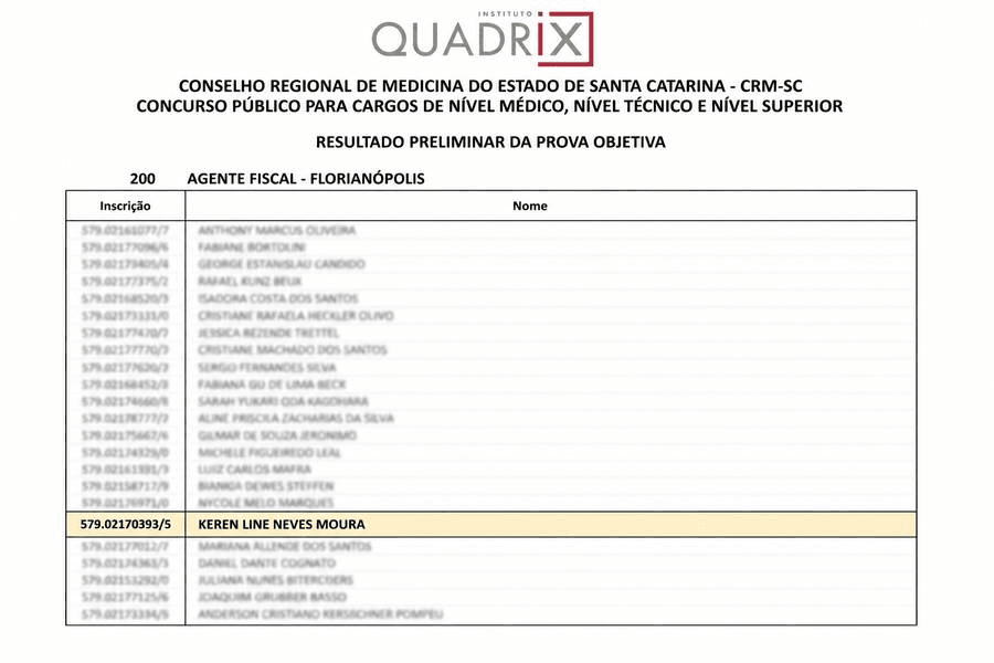 CRM-SC — Agente Fiscal, resultado preliminar — comprovante de aprovação da Keren Moura