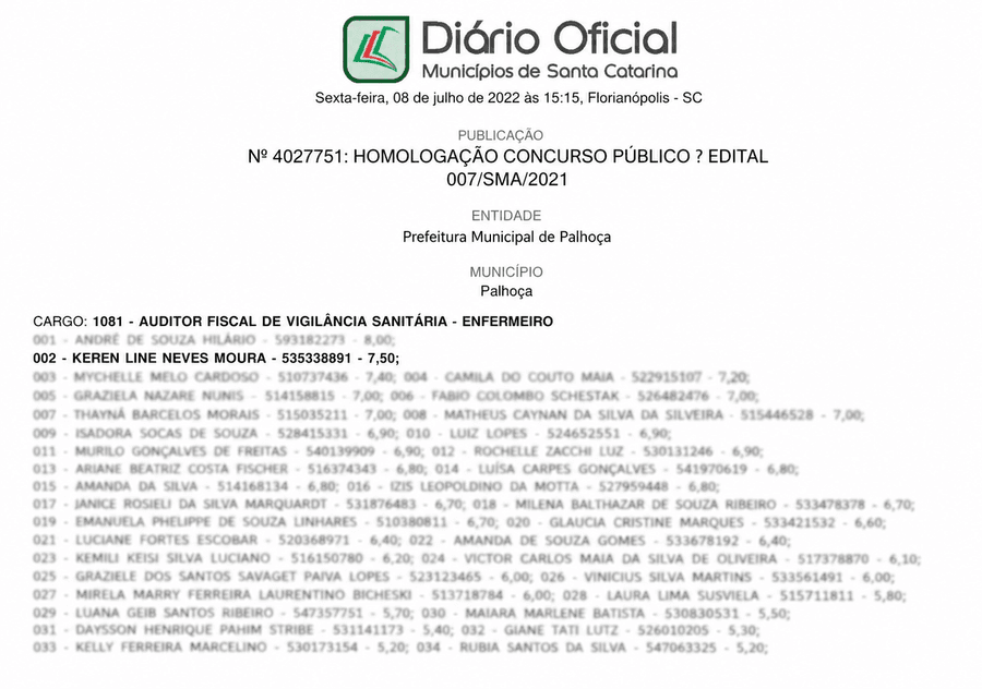 Homologação Diário Oficial — Palhoça — comprovante de aprovação da Keren Moura