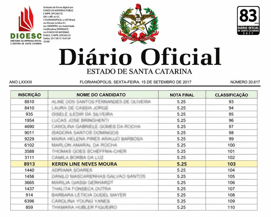 Diário Oficial do Estado de Santa Catarina 2017 — classificação — comprovante de aprovação da Keren Moura
