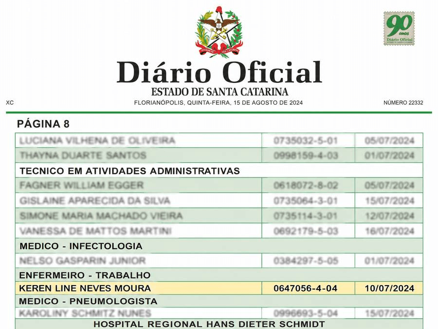 Diário Oficial do Estado de Santa Catarina — nomeação Enfermeiro do Trabalho — comprovante de aprovação da Keren Moura