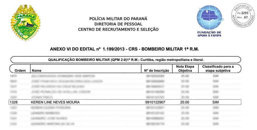 Polícia Militar do Paraná — classificado etapa subjetiva — comprovante de aprovação da Keren Moura
